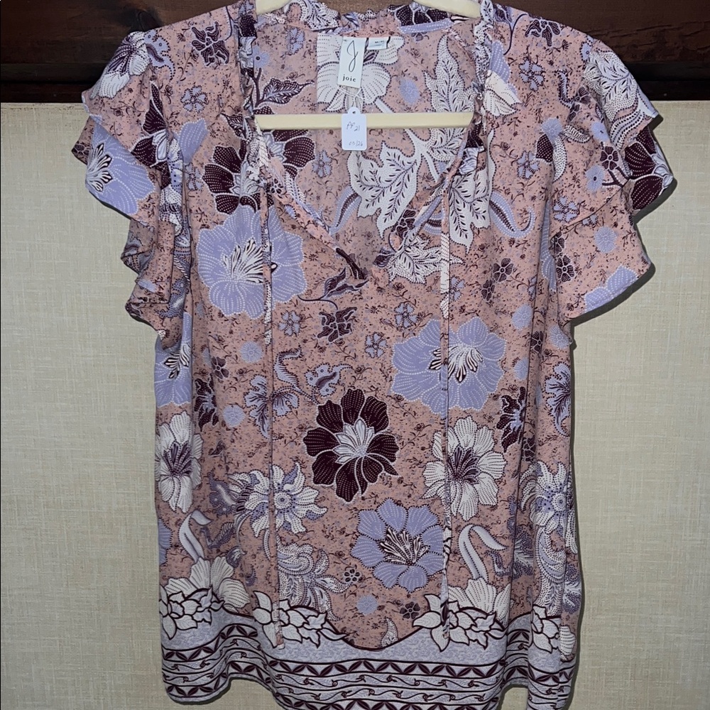 Joie Dusty Pink Floral Tie-Neck Ruffle Sleeve 👚 Size Medium